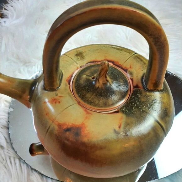 R. Hankia Vintage Rare  Porcelain Green  Orange‎ Tea Pot Signed 18R x10.5 T - Picture 3 of 13